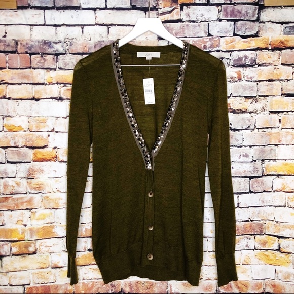 LOFT Sweaters - Loft NWT Wool Blend Olive Green Sequin Cardigan